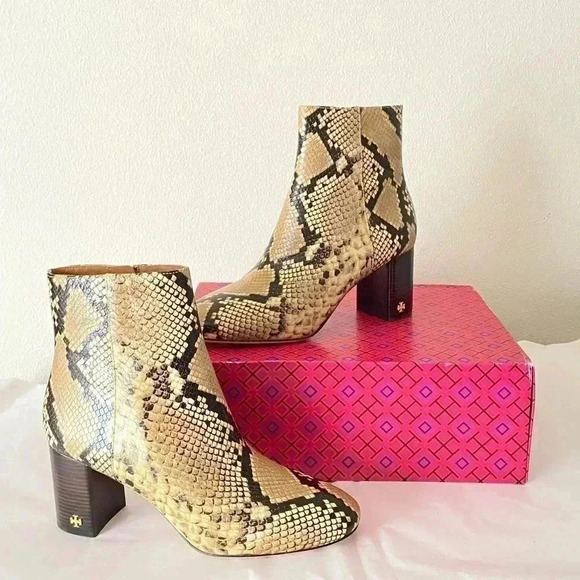 NEW TORY BURCH Brooke 70mm Block Heel Leather Python Sandrift Bootie Size 9.5 - Picture 1 of 7